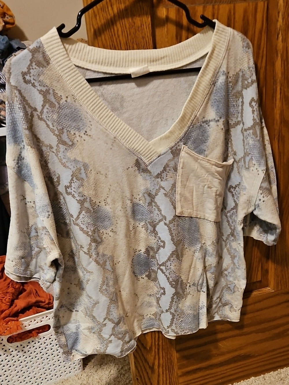 By Together V-Neck Snake Print Top in Cream and Gray